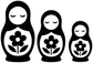 Three nesting doll vinyl decal figures: black outlines with white faces and flowers