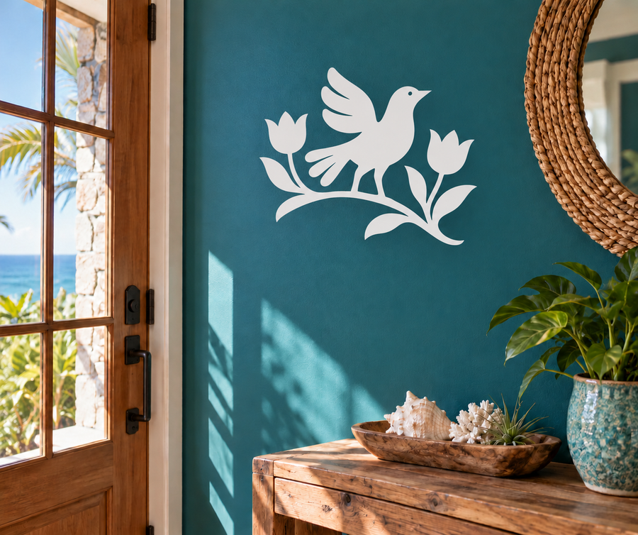 White dancing bird on floral branch vinyl decal