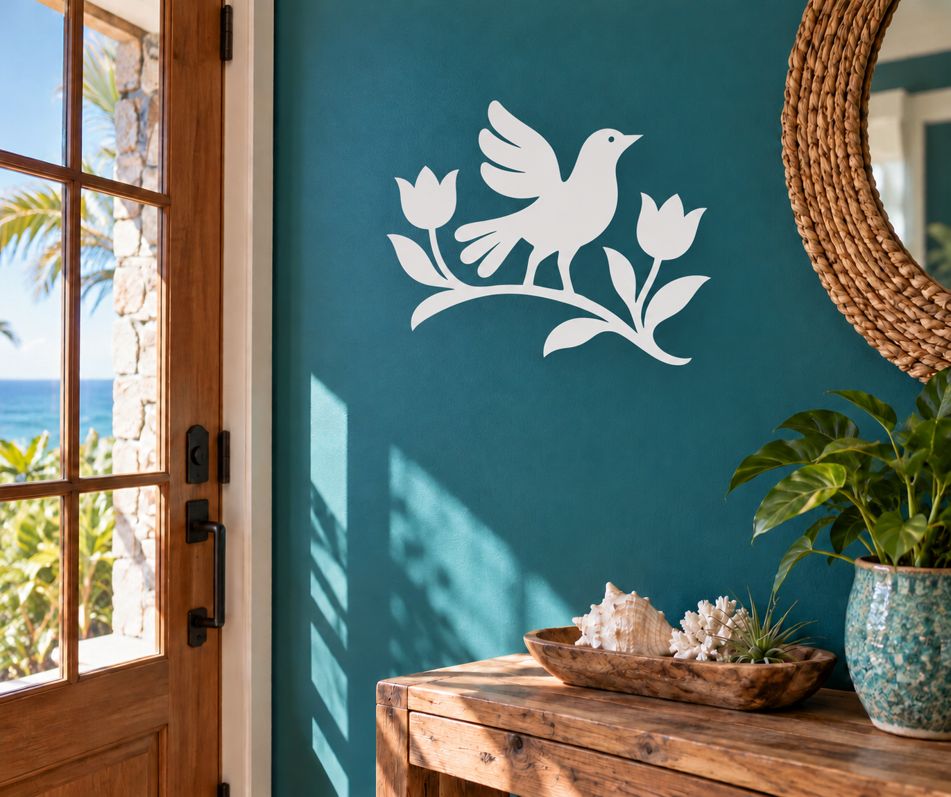 White dancing bird on floral branch vinyl decal