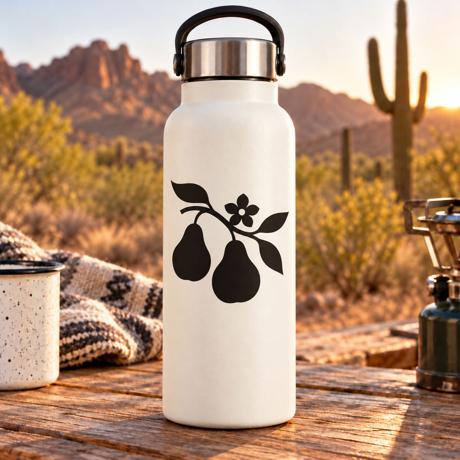 Pear blossom spray vinyl decal with black pear and flower silhouettes on white