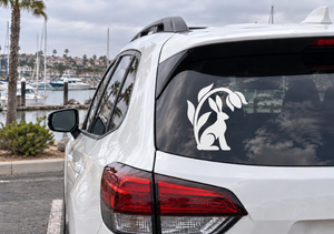 Hare and tulip vinyl car decal, black rabbit with tulip accents on rear window