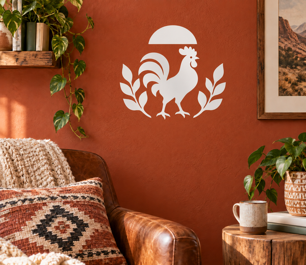White vinyl sun decal with rooster silhouette and floral leaf accents