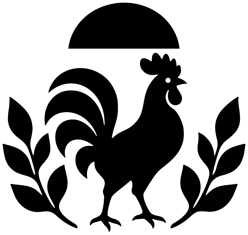 Black vinyl sun decal featuring rooster silhouette with curved sun rays and leaves