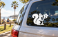 Black squirrel vinyl decal with white blossom on car window