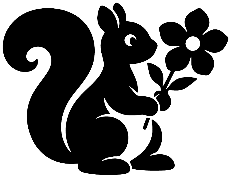 Black squirrel and flower vinyl decal, solid silhouette on white background
