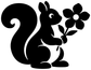 Black squirrel and flower vinyl decal, solid silhouette on white background
