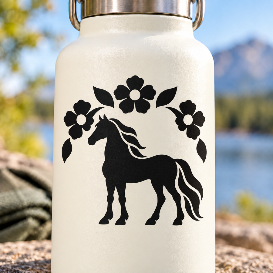 Black horse and floral arc vinyl decal on light background