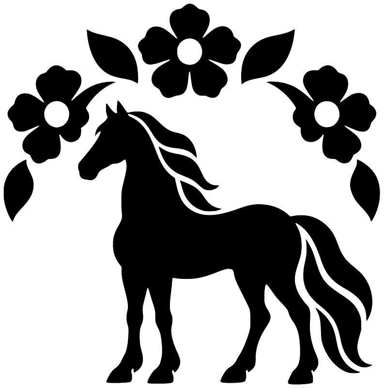 Black horse silhouette with white-outlined mane and flower arch vinyl decal