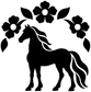 Black horse silhouette with white-outlined mane and flower arch vinyl decal