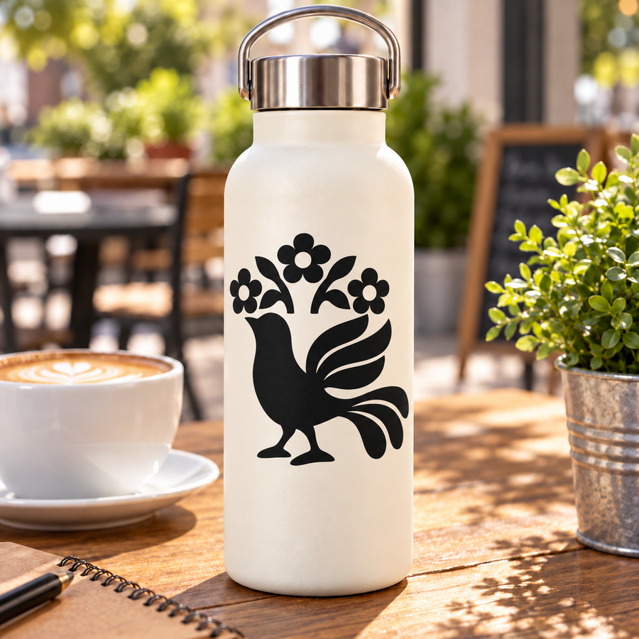 Black folk rooster decal with swirling feathers and small flower accents