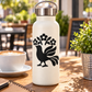 Black folk rooster decal with swirling feathers and small flower accents