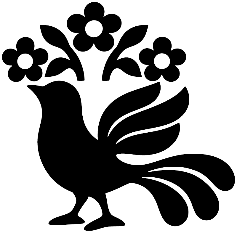 Black vinyl rooster decal with curved tail feathers and four flower blossoms