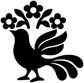 Black vinyl rooster decal with curved tail feathers and four flower blossoms