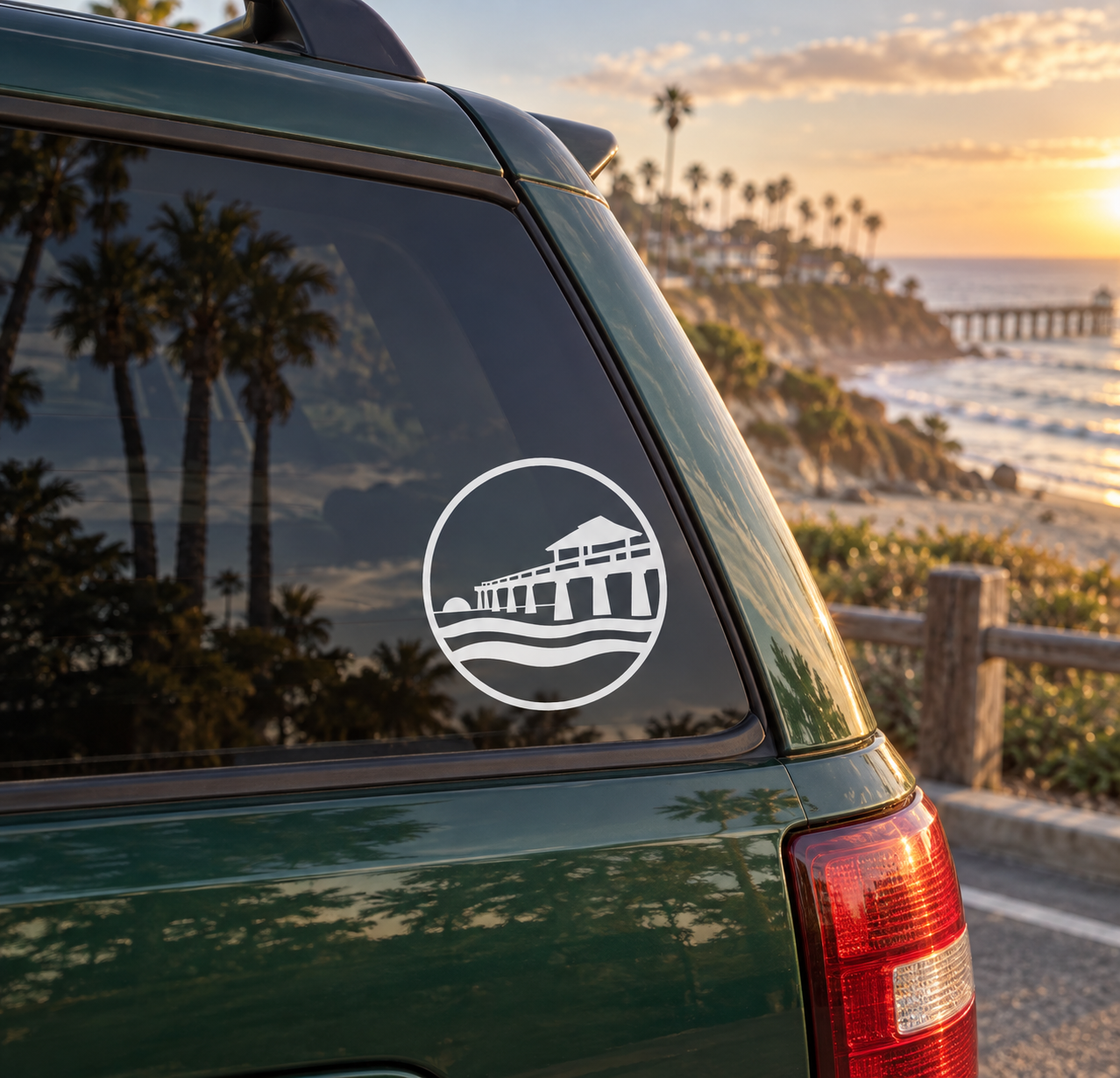 Circular vinyl decal with white pier-and-waves icon on a car window