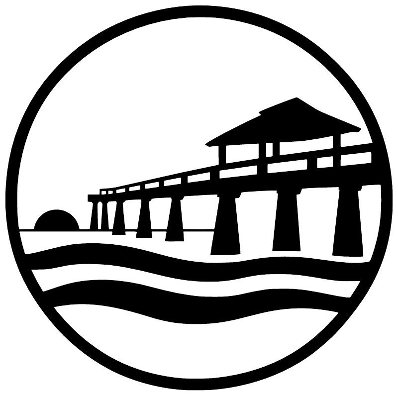 Circular black-and-white vinyl decal with pier building and waves silhouette