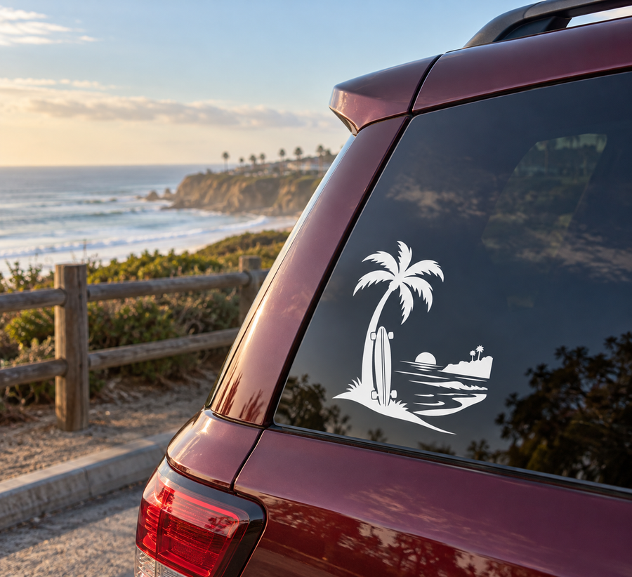 Surf-themed palm icon vinyl decal, white graphic on dark surface