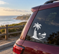 Surf-themed palm icon vinyl decal, white graphic on dark surface