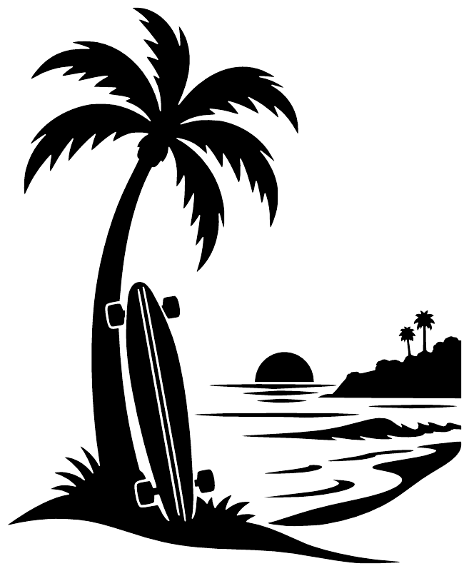 Palm tree and surf scene vinyl decal graphic in black