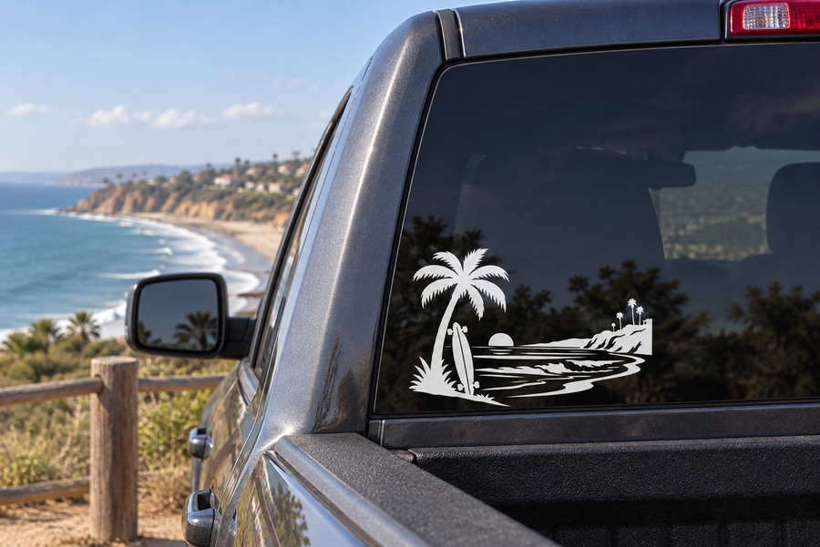 Palm horizon vinyl decal with palm tree, waves, and coastal shoreline design