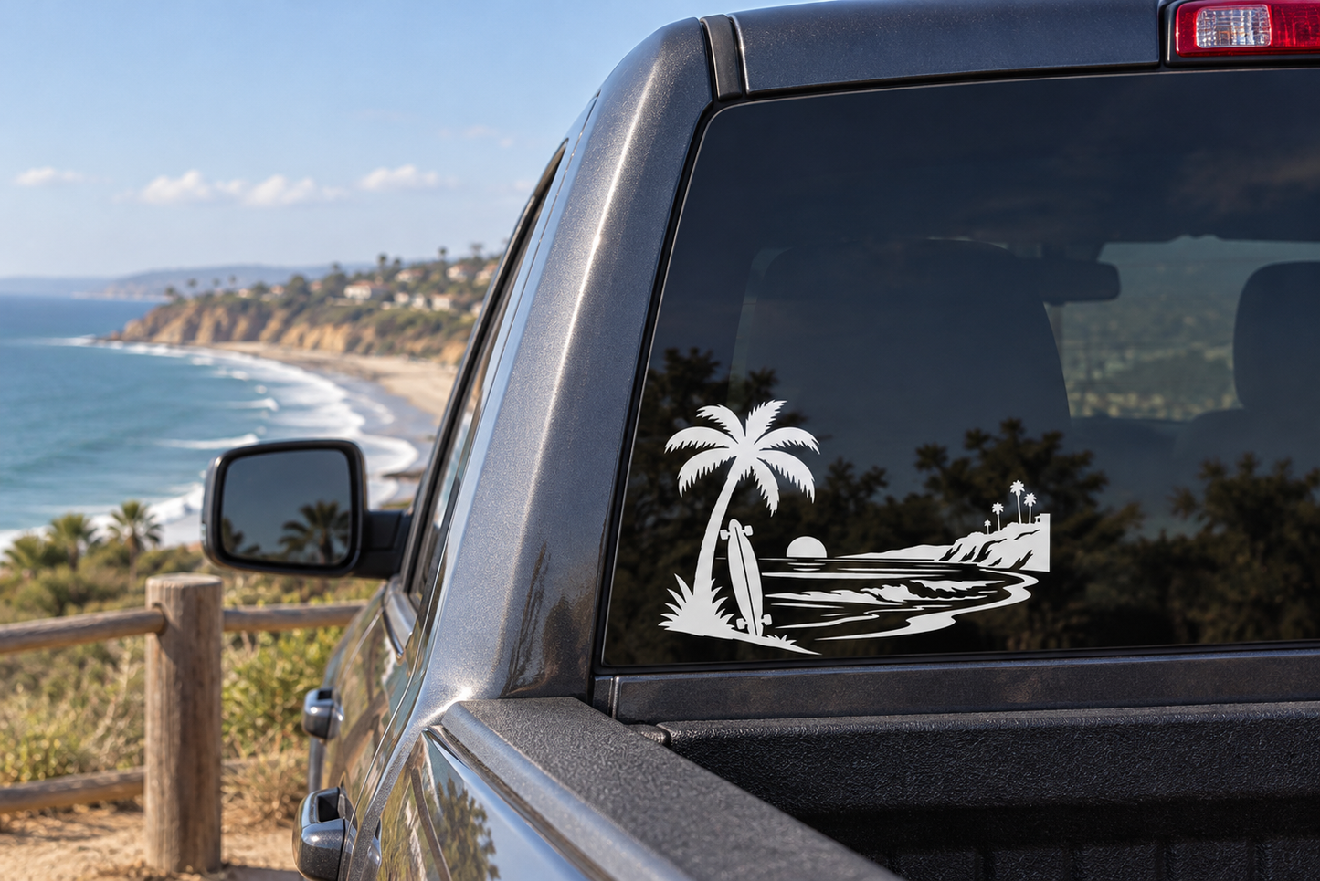 Palm horizon vinyl decal with palm tree, waves, and coastal shoreline design