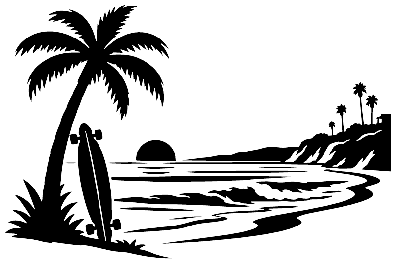 Seaside palm vinyl decal graphic: large palm, ocean waves, sun on horizon