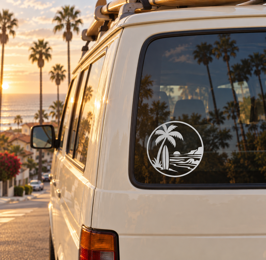Round palm crest vinyl decal on vehicle window, black and white