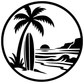 Palm tree and ocean scene round vinyl decal, black and white