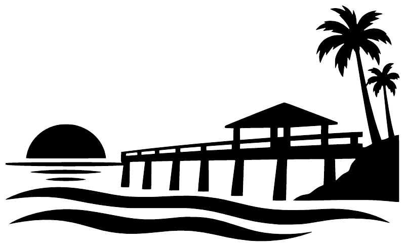 Black pier sunset vinyl decal graphic with sun, ocean waves, pier, and palm trees