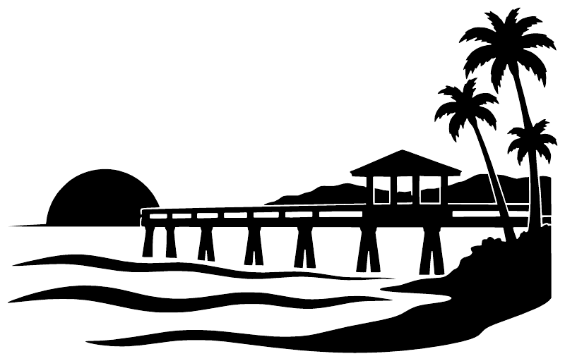 Black vinyl decal silhouette of a pier with sun, palm trees, and boardwalk