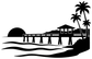 Black vinyl decal silhouette of a pier with sun, palm trees, and boardwalk