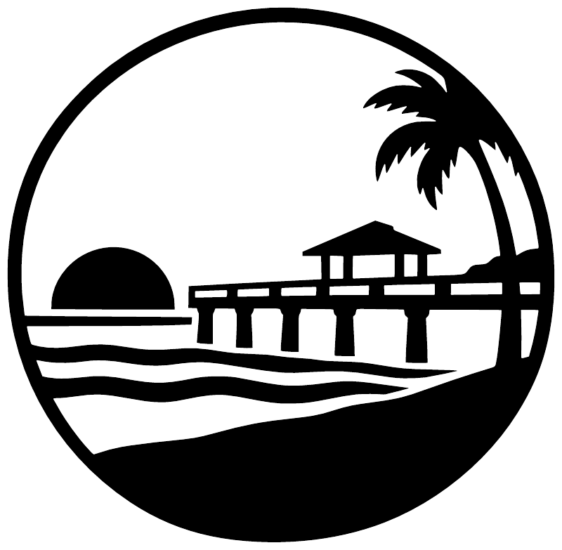 Circular San Clemente Pier vinyl decal with palm trees and pier silhouette, black/white