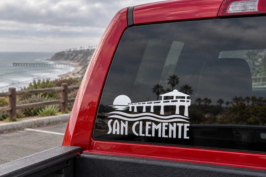 San Clemente vinyl decal with pier silhouette and 'SAN CLEMENTE' wordmark on car window