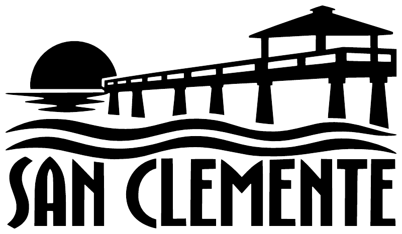 Vinyl decal with pier silhouette, waves, and 'SAN CLEMENTE' wordmark, black and white