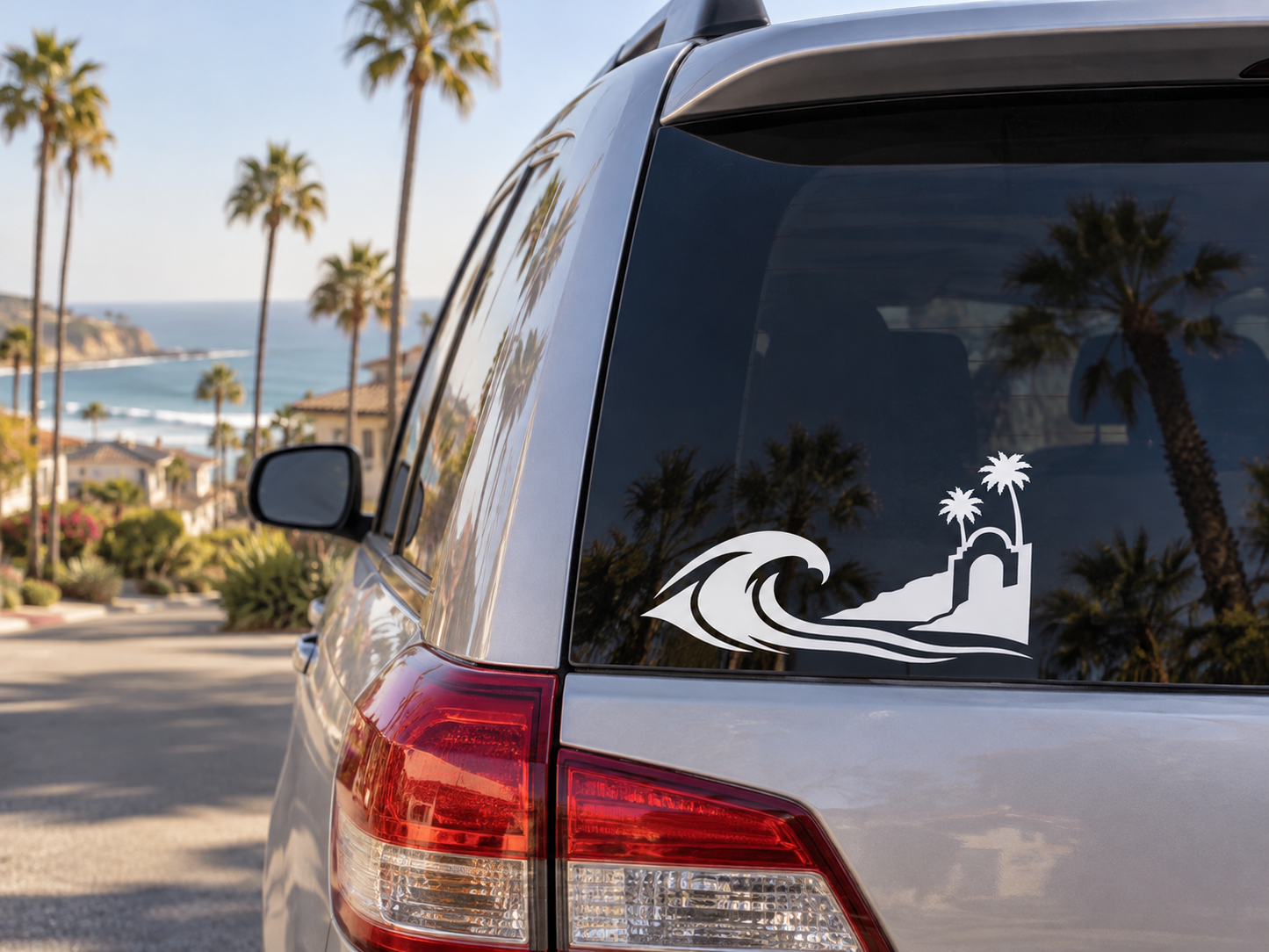 Vinyl wave and arch icon decal in black and white on car rear window