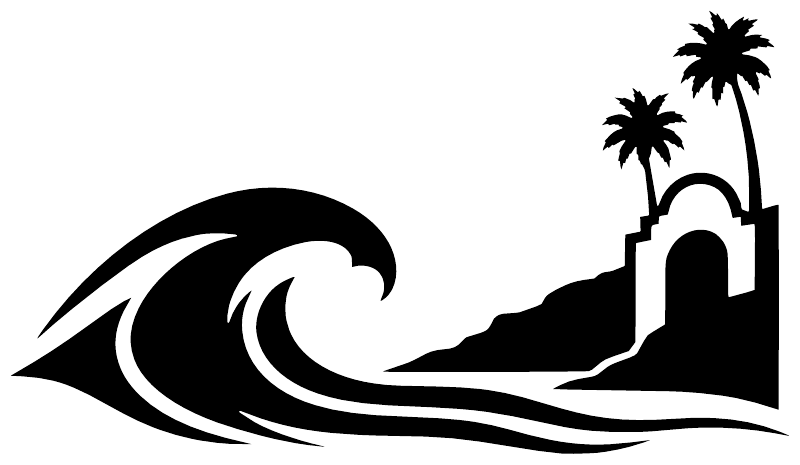 Black and white wave and arch icon vinyl decal graphic with palm trees