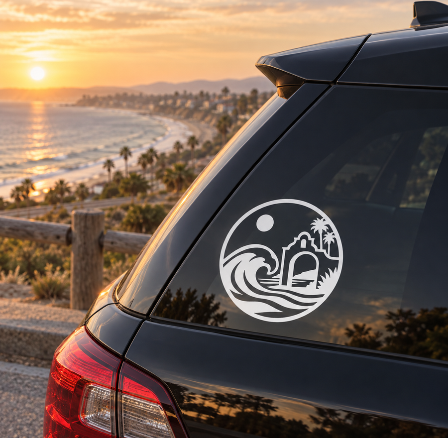 Vinyl wave and arch crest car decal, white circular emblem with lighthouse and palm trees
