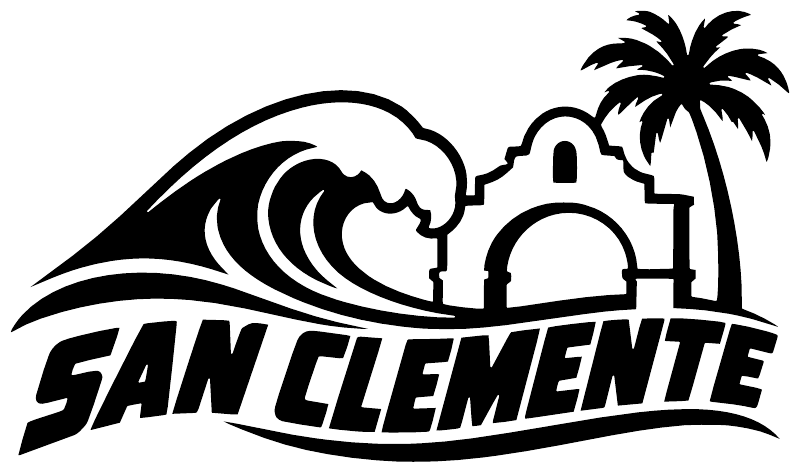 Close-up SAN CLEMENTE wave and arch vinyl decal with palm trees, black graphic
