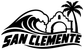 Close-up SAN CLEMENTE wave and arch vinyl decal with palm trees, black graphic