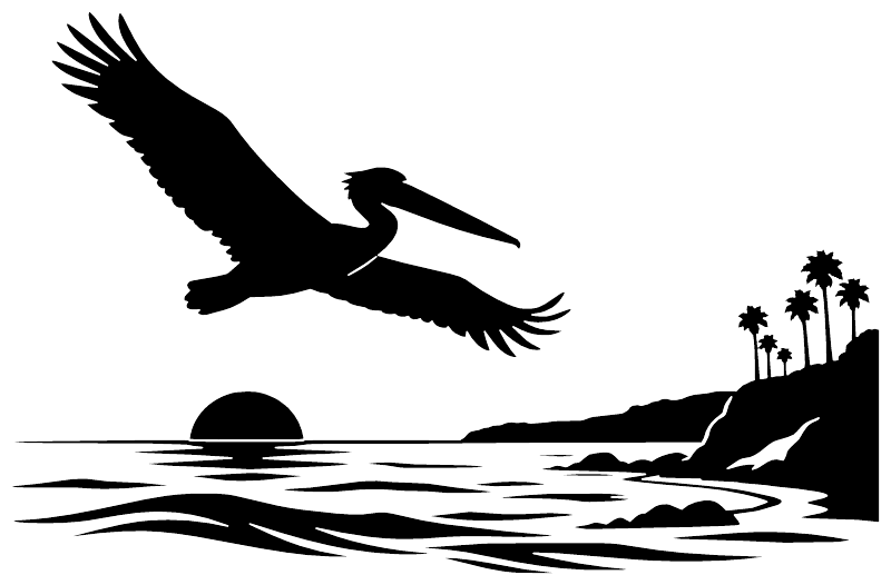 Black vinyl decal graphic: flying pelican over waves, sun, and palm trees