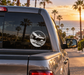 Vinyl decal pelican crest for car window, white bird over coastline and palm silhouettes