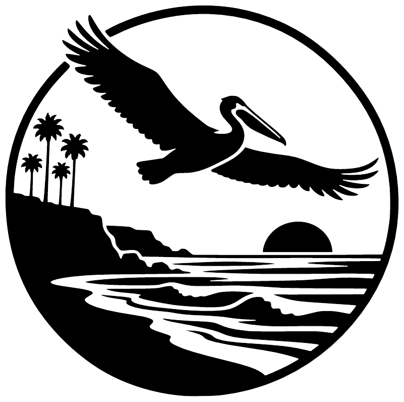 Vinyl decal pelican crest circle design, black and white bird over palms and waves