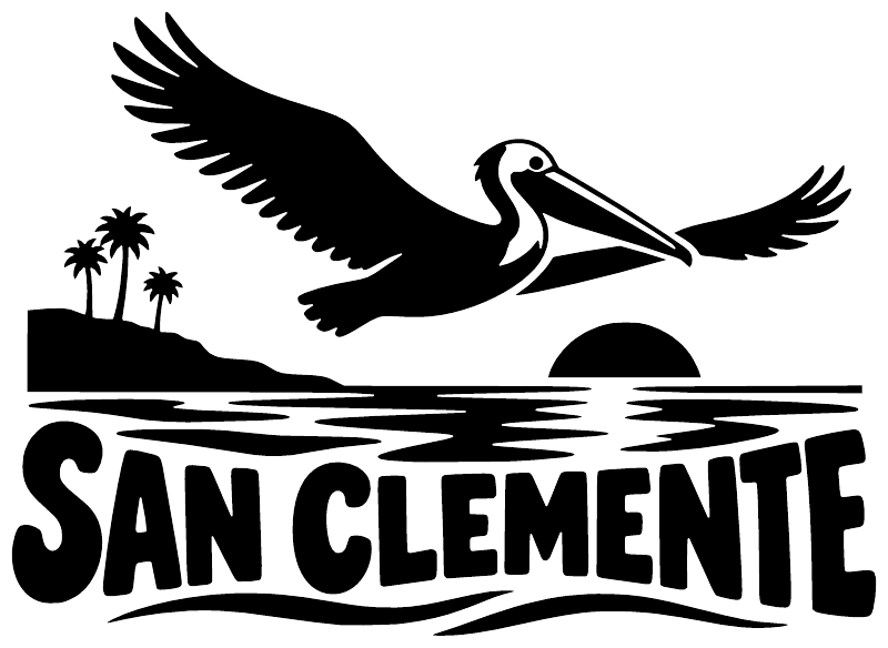 Pelican wordmark vinyl decal with black bird over waves and SAN CLEMENTE text
