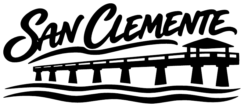 Black San Clemente script vinyl decal with striped arch and waves, cropped close-up