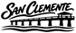 Black San Clemente script vinyl decal with striped arch and waves, cropped close-up