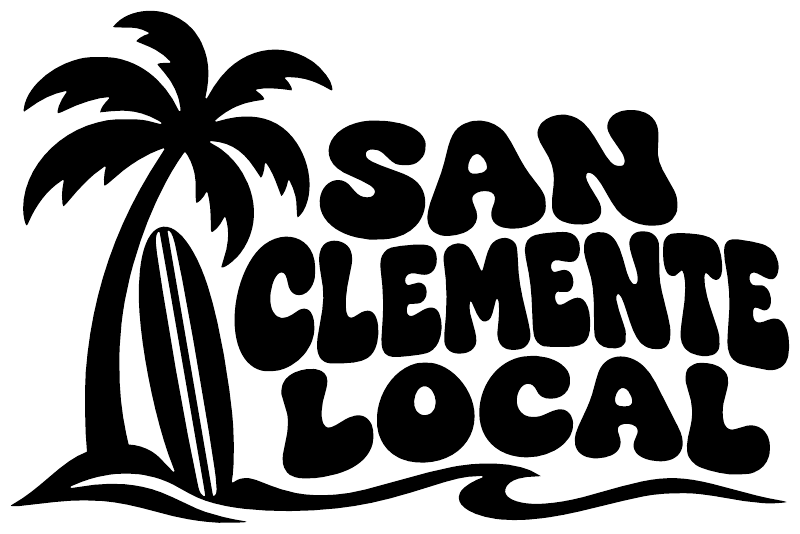 Black “SAN CLEMENTE LOCAL” vinyl decal with palm tree and stylized lettering