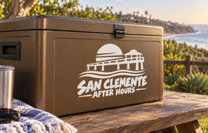 San Clemente After Hours vinyl decal on a brown cooler box