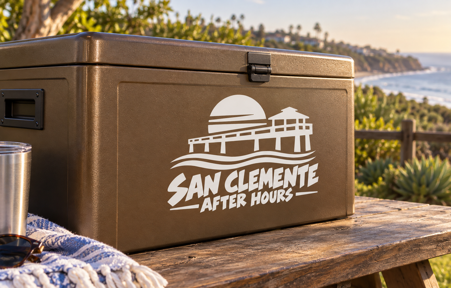 San Clemente After Hours vinyl decal on a brown cooler box