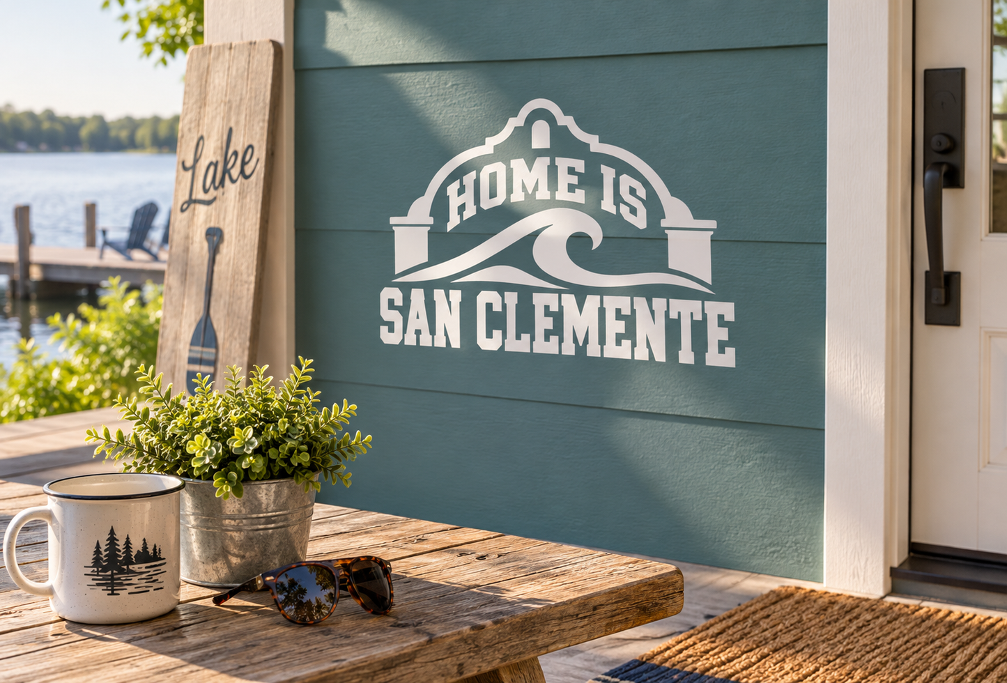 San Clemente home lettering vinyl decal with arch logo and text on door panel