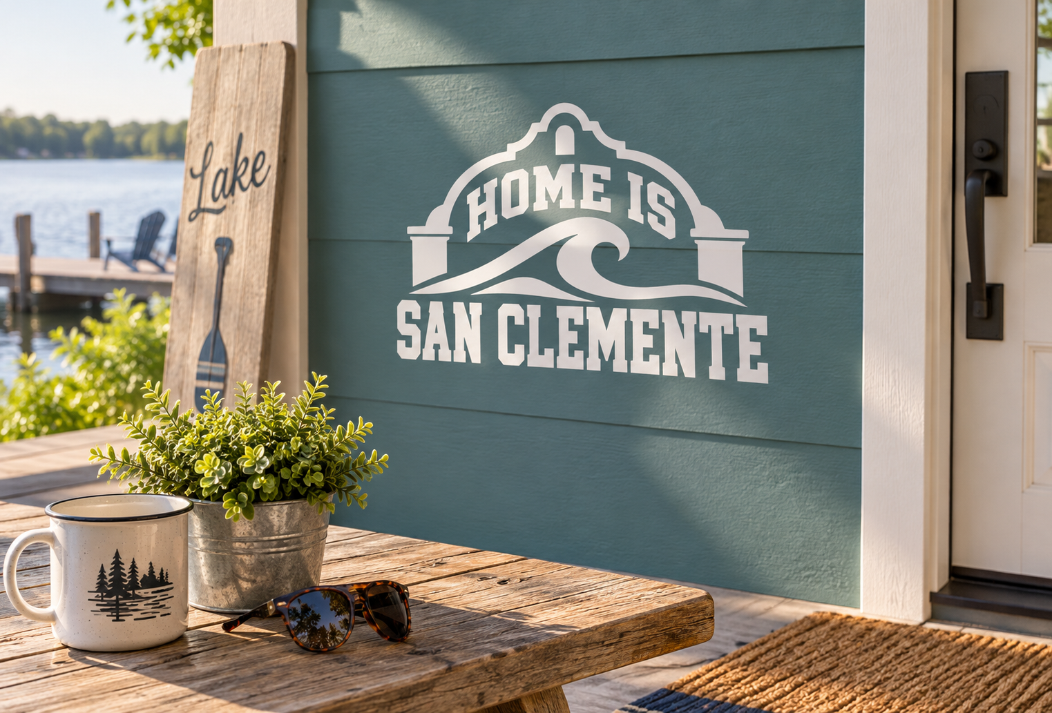 San Clemente home lettering vinyl decal with arch logo and text on door panel