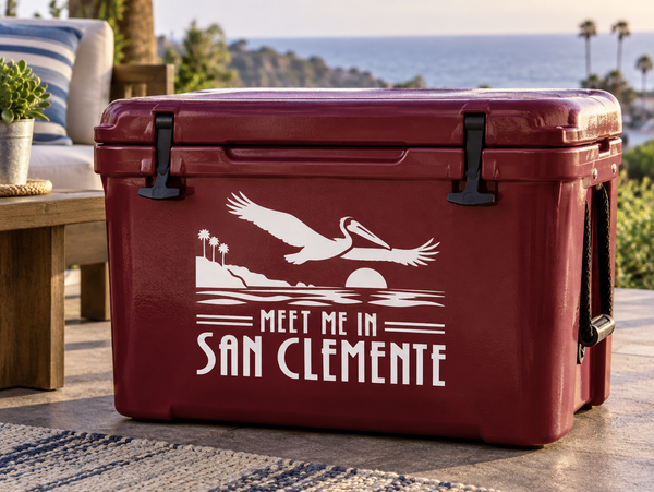 White vinyl decal text "MEET ME IN SAN CLEMENTE" with seagull and wave icons